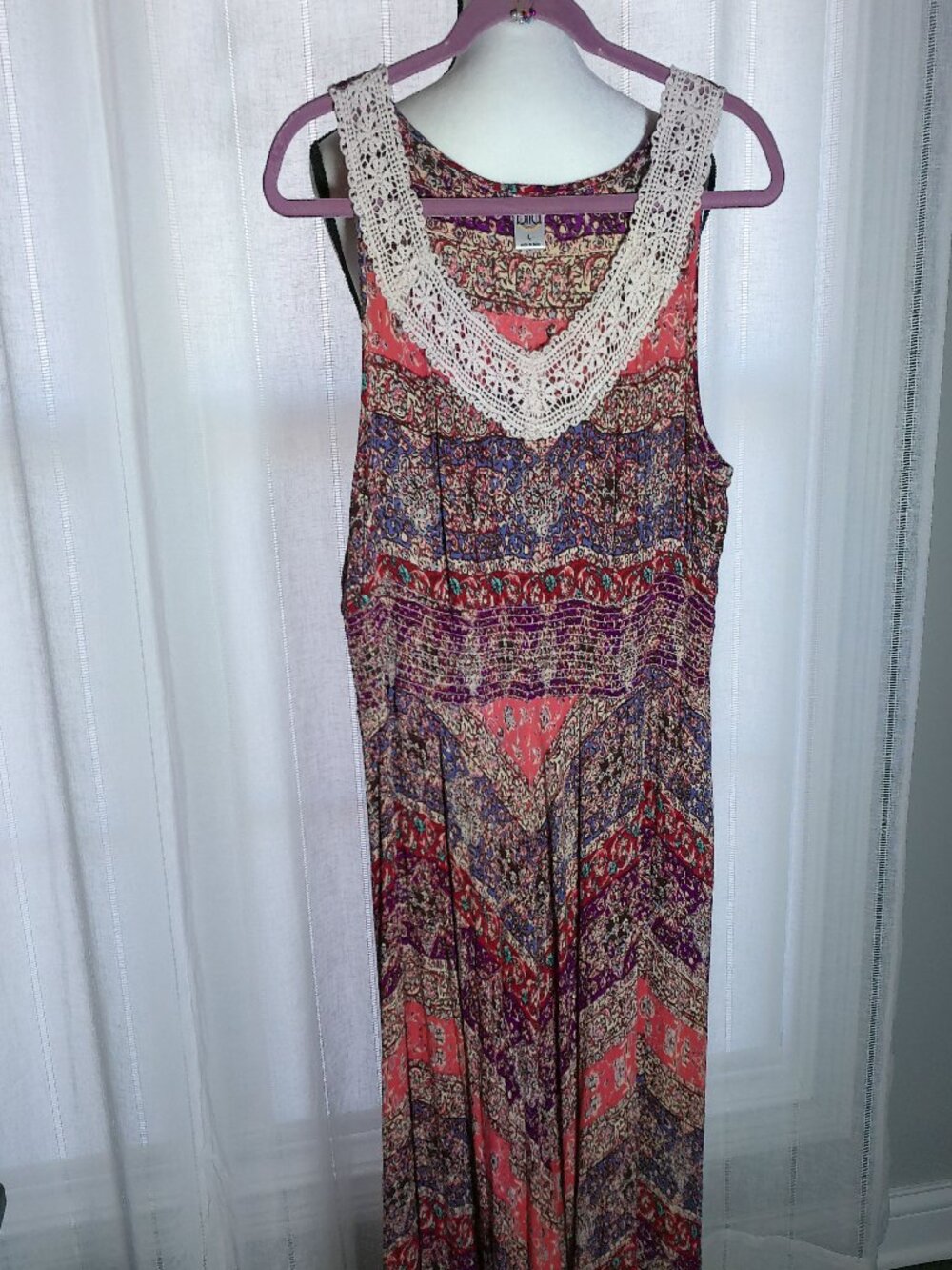 BILA Dress w/Maxi Scarf Hem Boho Crochet Lace V-Neck Floral NWOT L